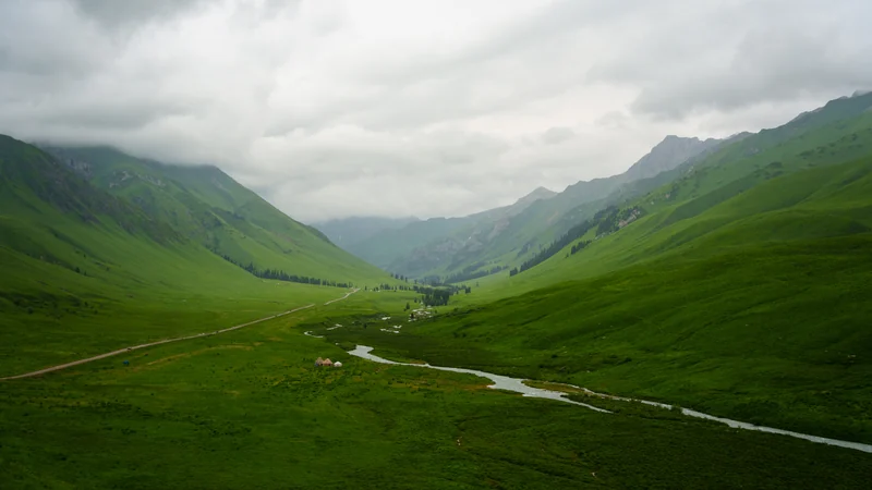 A winding stream crossing a green mountain valley beneath low clouds.