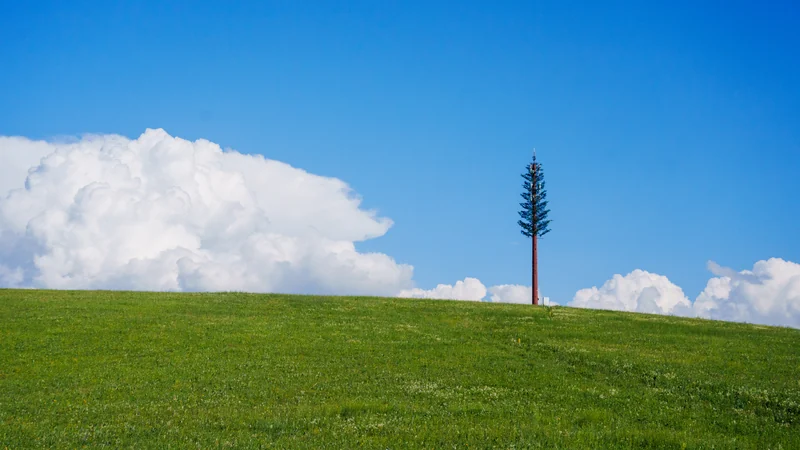 A single tall tree on a green hill beneath a blue sky.