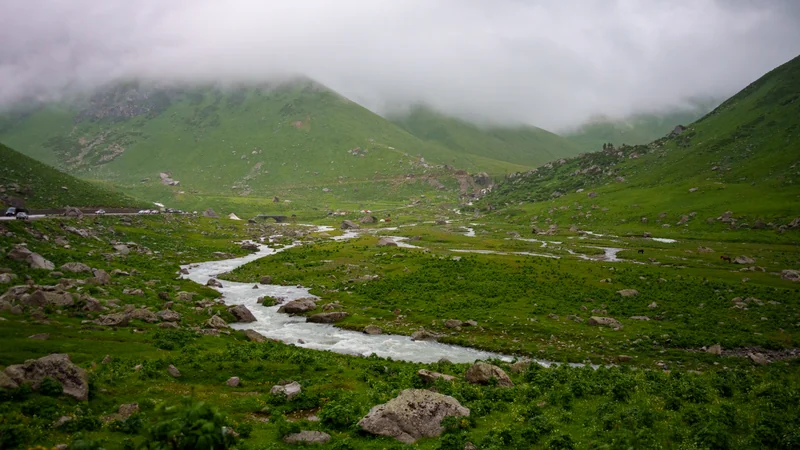 A rocky stream winding through green hills and mist.