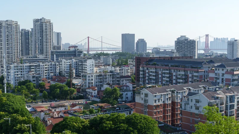 A cityscape of varied rooftops with a bridge on the horizon.
